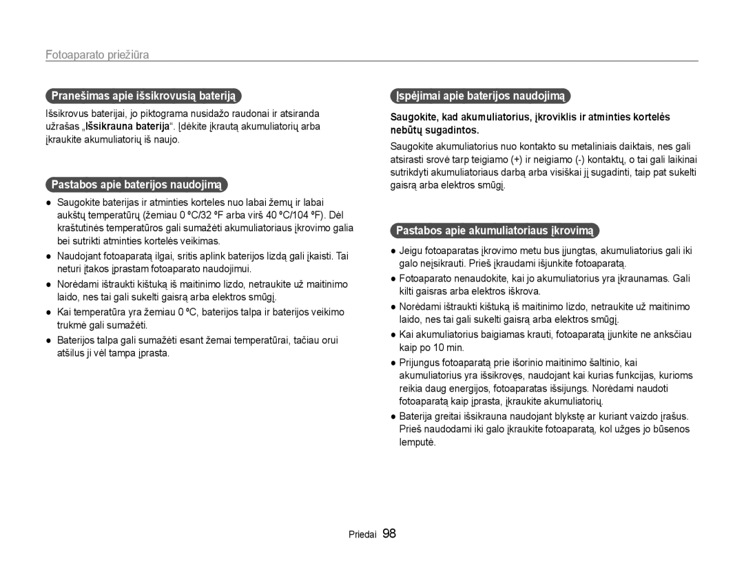 Samsung EC-ST93ZZBPBE2, EC-ST93ZZBPSE2 manual Pranešimas apie išsikrovusią bateriją, Pastabos apie baterijos naudojimą 