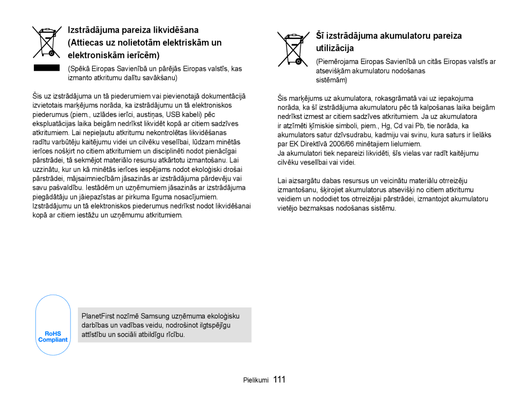 Samsung EC-ST93ZZBPSE2, EC-ST93ZZBPBE2, EC-ST93ZZBPRE2 manual Šī izstrādājuma akumulatoru pareiza utilizācija 