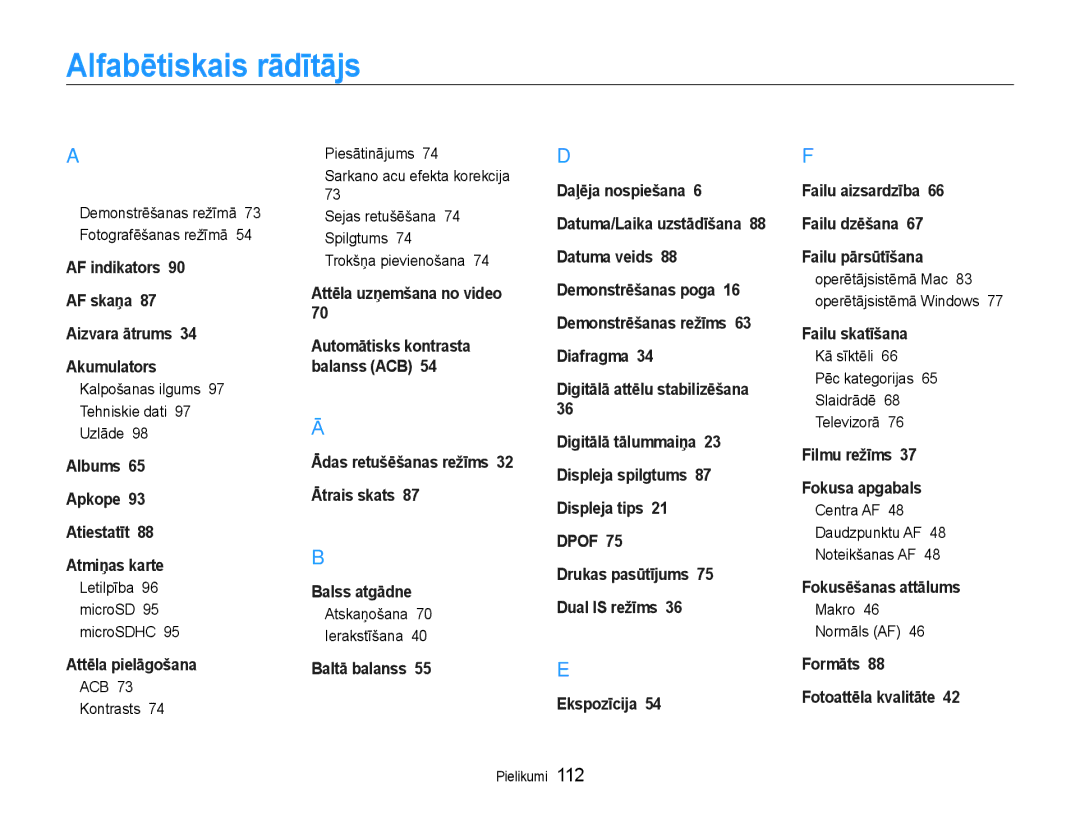 Samsung EC-ST93ZZBPRE2, EC-ST93ZZBPBE2, EC-ST93ZZBPSE2 manual Alfabētiskais rādītājs 