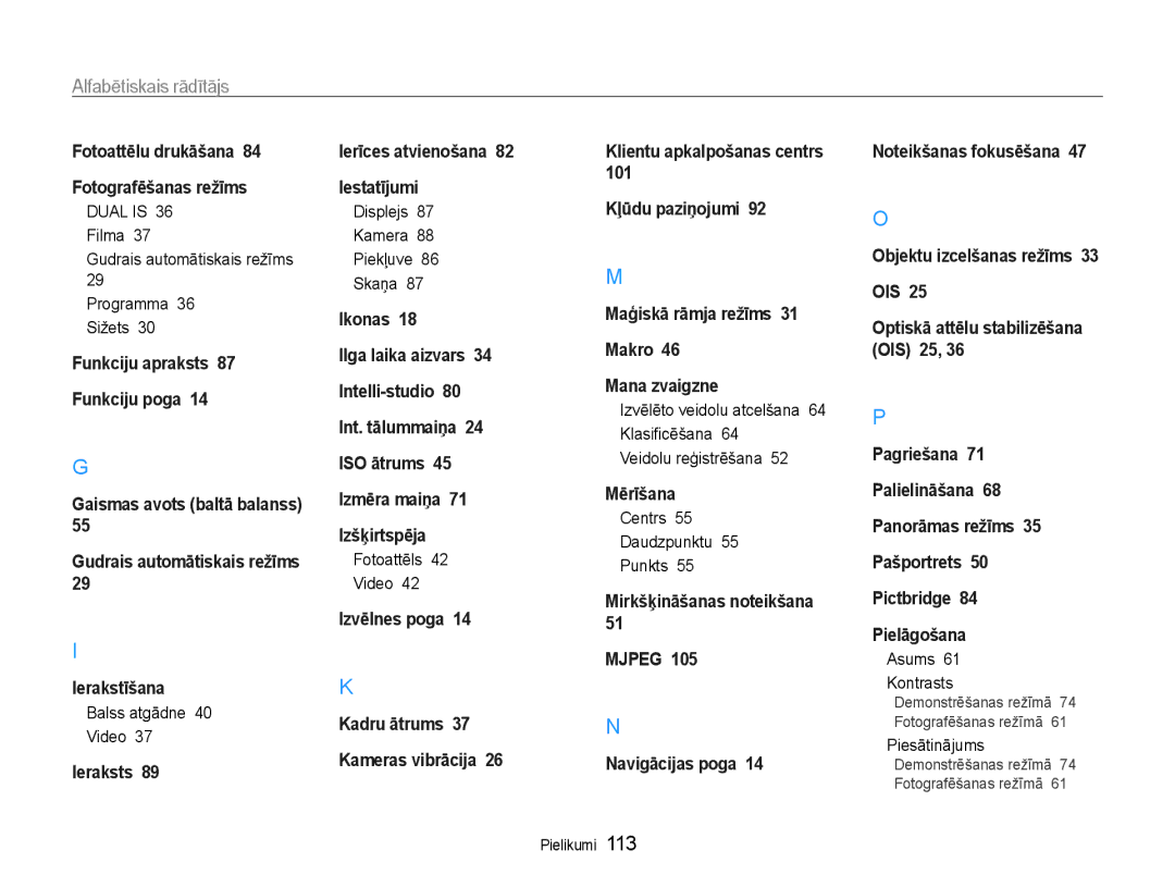 Samsung EC-ST93ZZBPBE2, EC-ST93ZZBPSE2, EC-ST93ZZBPRE2 manual Alfabētiskais rādītājs 