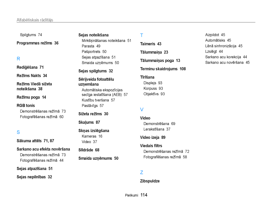 Samsung EC-ST93ZZBPSE2, EC-ST93ZZBPBE2 Mirkšķināšanas noteikšana 51 Parasta, Kustību tveršana 57 Pastāvīgs, Kameras Video 