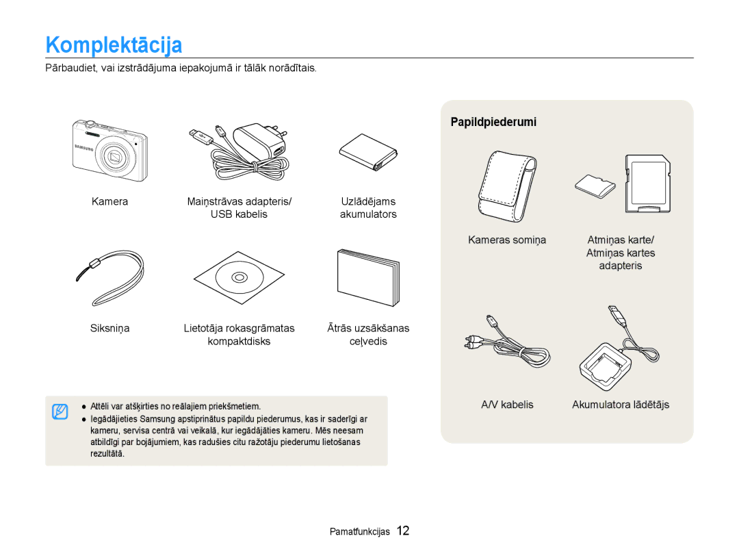 Samsung EC-ST93ZZBPSE2, EC-ST93ZZBPBE2, EC-ST93ZZBPRE2 manual Komplektācija, Papildpiederumi 