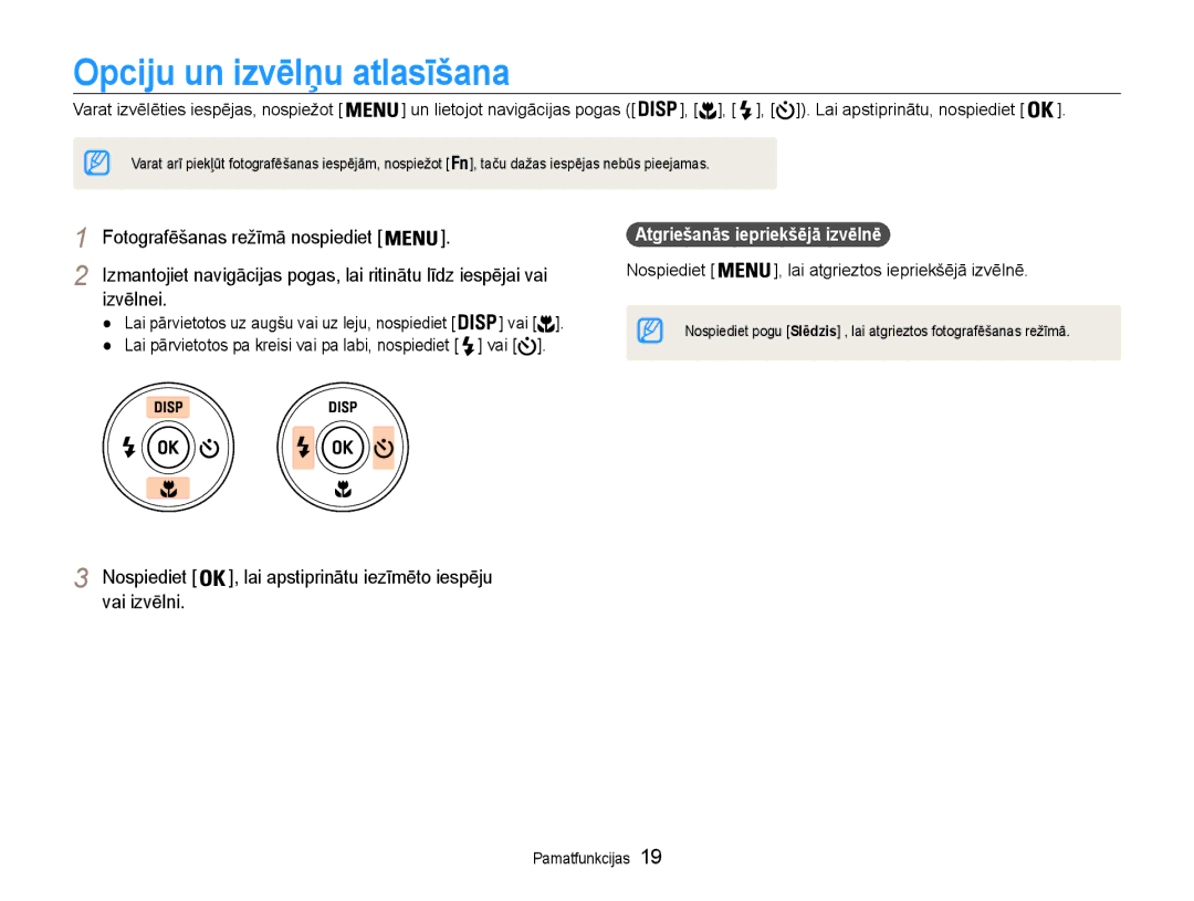 Samsung EC-ST93ZZBPRE2 manual Opciju un izvēlņu atlasīšana, Izvēlnei, Vai izvēlni, Atgriešanās iepriekšējā izvēlnē 