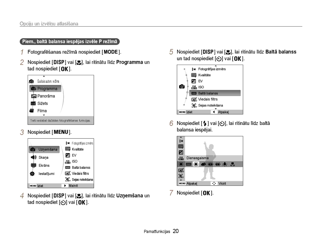 Samsung EC-ST93ZZBPBE2 manual Opciju un izvēlņu atlasīšana, Vai Nospiediet, Un tad nospiediet vai, Balansa iespējai 