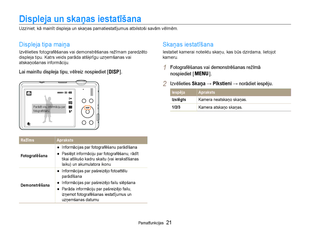 Samsung EC-ST93ZZBPSE2, EC-ST93ZZBPBE2 manual Displeja un skaņas iestatīšana, Displeja tipa maiņa, Skaņas iestatīšana 