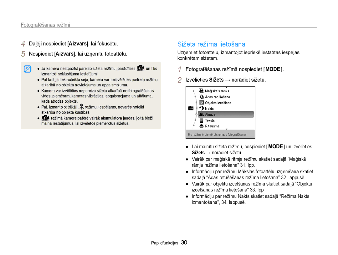 Samsung EC-ST93ZZBPSE2, EC-ST93ZZBPBE2, EC-ST93ZZBPRE2 manual Sižeta režīma lietošana, Fotografēšanas režīmi 