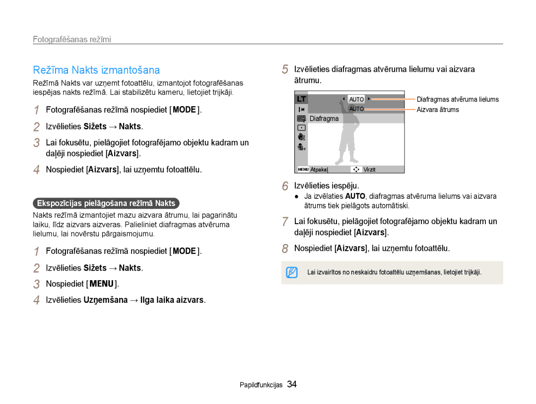 Samsung EC-ST93ZZBPRE2, EC-ST93ZZBPBE2, EC-ST93ZZBPSE2 manual Režīma Nakts izmantošana 