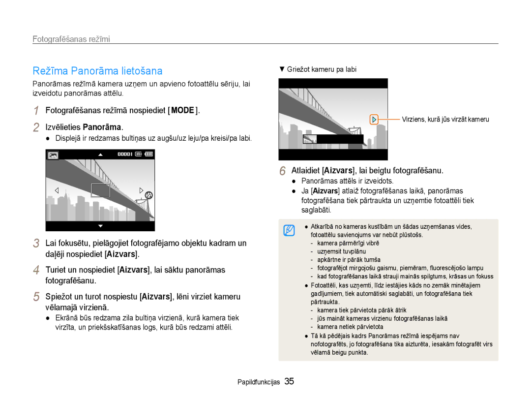 Samsung EC-ST93ZZBPBE2, EC-ST93ZZBPSE2, EC-ST93ZZBPRE2 manual Režīma Panorāma lietošana 