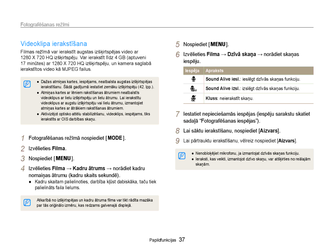 Samsung EC-ST93ZZBPRE2 Videoklipa ierakstīšana, Sadaļā Fotografēšanas iespējas, Lai sāktu ierakstīšanu, nospiediet Aizvars 