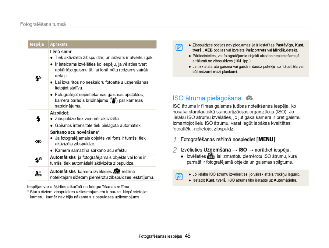 Samsung EC-ST93ZZBPSE2 manual ISO ātruma pielāgošana, Fotografēšana tumsā, Lēnā sinhr, Aizpildоt, Sarkano acu novēršana 