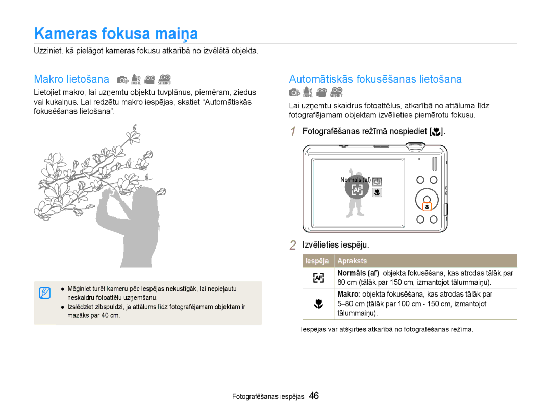 Samsung EC-ST93ZZBPRE2, EC-ST93ZZBPBE2 manual Kameras fokusa maiņa, Makro lietošana, Automātiskās fokusēšanas lietošana 