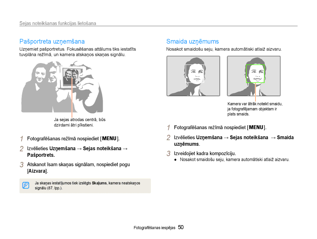 Samsung EC-ST93ZZBPBE2 manual Pašportreta uzņemšana, Smaida uzņēmums, Sejas noteikšanas funkcijas lietošana, Pašportrets 