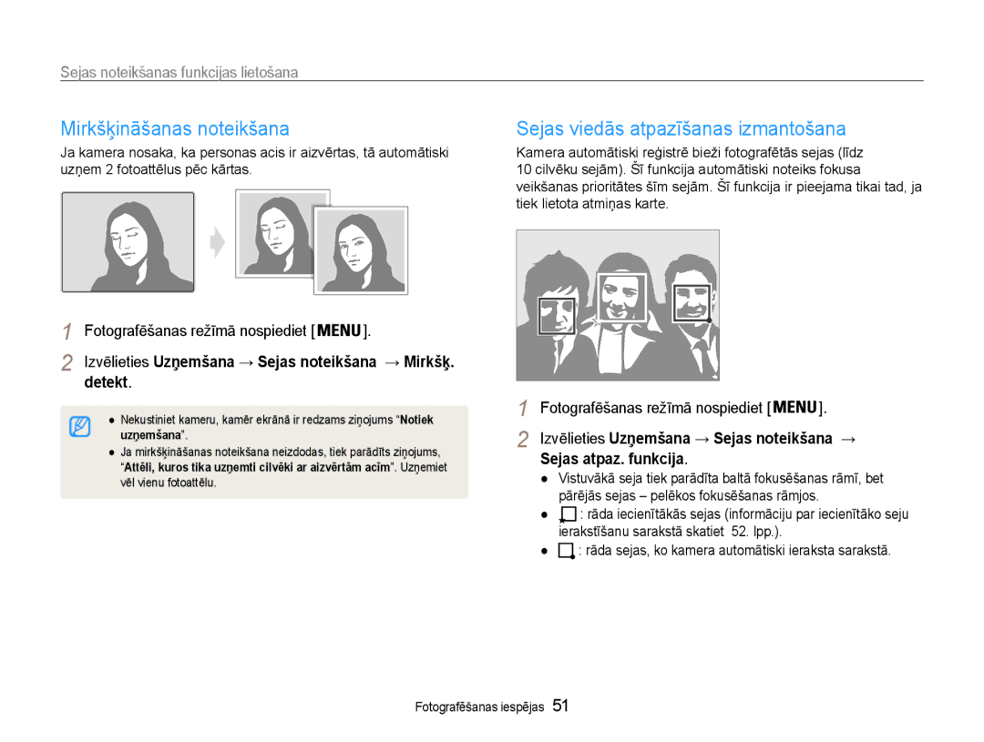 Samsung EC-ST93ZZBPSE2 Mirkšķināšanas noteikšana, Sejas viedās atpazīšanas izmantošana, Detekt, Sejas atpaz. funkcija 