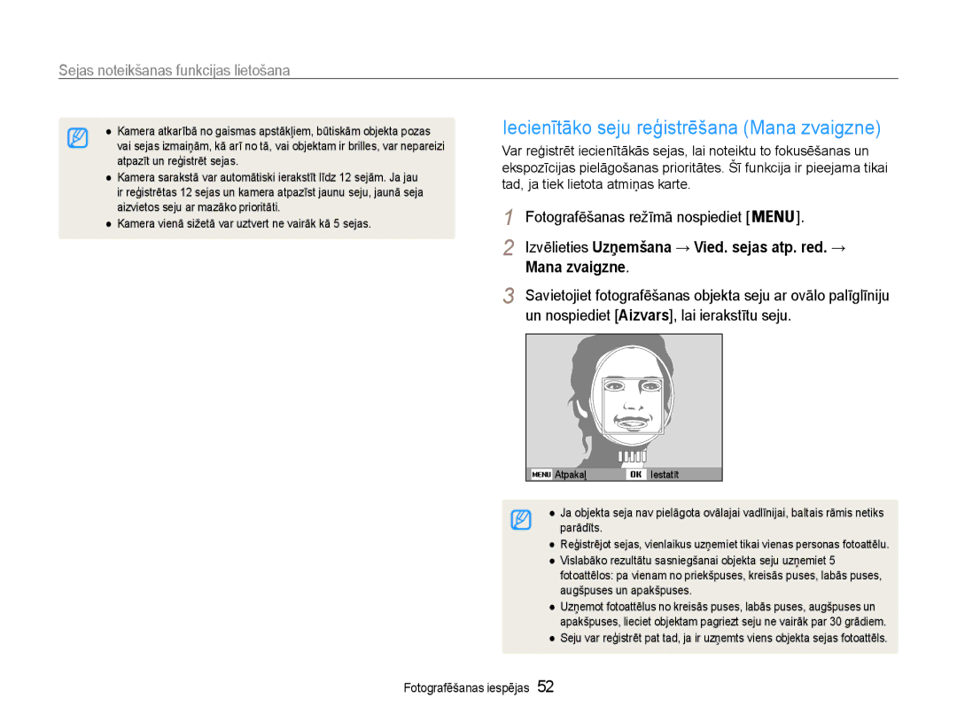 Samsung EC-ST93ZZBPRE2 manual Iecienītāko seju reģistrēšana Mana zvaigzne, Izvēlieties Uzņemšana → Vied. sejas atp. red. → 