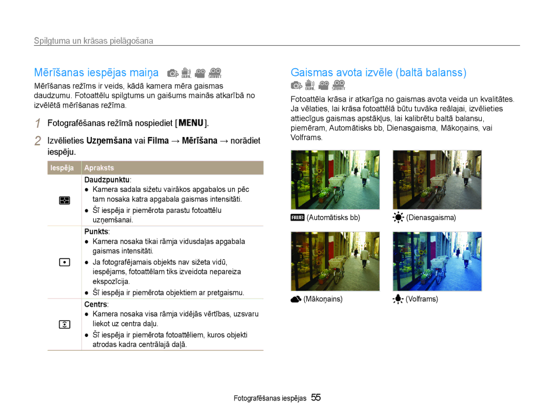 Samsung EC-ST93ZZBPRE2 manual Mērīšanas iespējas maiņa, Gaismas avota izvēle baltā balanss, Spilgtuma un krāsas pielāgošana 