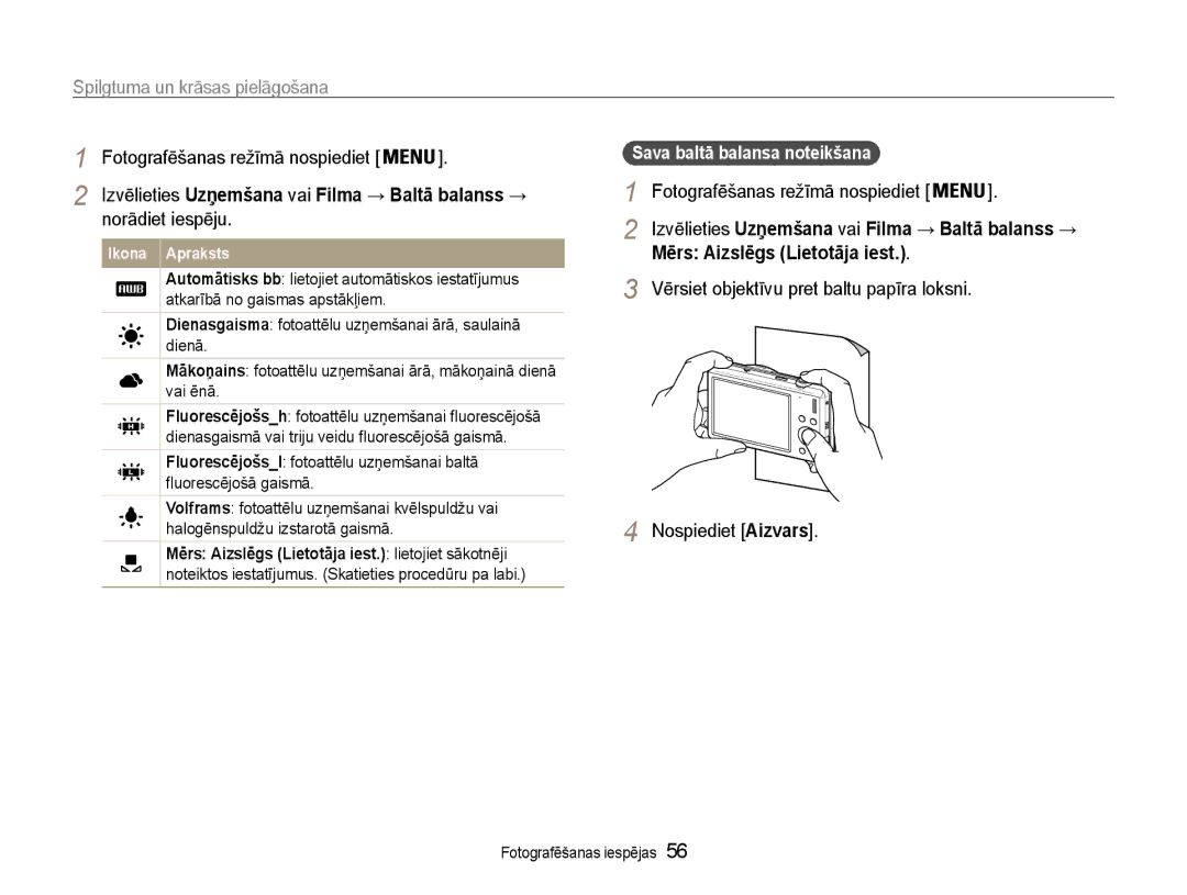 Samsung EC-ST93ZZBPBE2 manual Mērs Aizslēgs Lietotāja iest, Nospiediet Aizvars, Vērsiet objektīvu pret baltu papīra loksni 