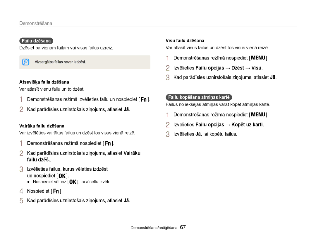 Samsung EC-ST93ZZBPRE2, EC-ST93ZZBPBE2, EC-ST93ZZBPSE2 manual Izvēlieties failus, kurus vēlaties izdzēst, Failu dzēšana 