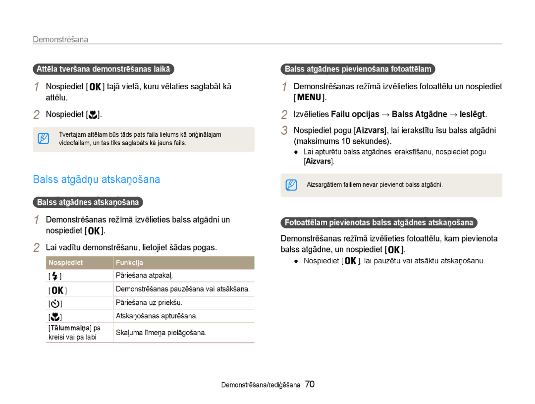 Samsung EC-ST93ZZBPRE2, EC-ST93ZZBPBE2, EC-ST93ZZBPSE2 manual Balss atgādņu atskaņošana, Attēlu, Maksimums 10 sekundes 