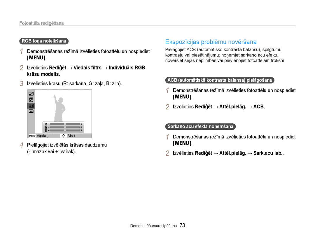 Samsung EC-ST93ZZBPRE2 manual Ekspozīcijas problēmu novēršana, Krāsu modelis, Izvēlieties krāsu R sarkana, G zaļa, B zila 