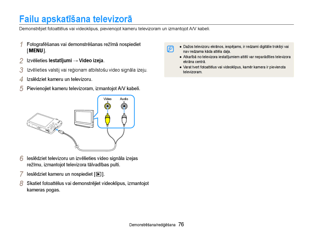 Samsung EC-ST93ZZBPRE2, EC-ST93ZZBPBE2, EC-ST93ZZBPSE2 Failu apskatīšana televizorā, Izvēlieties Iestatījumi → Video izeja 