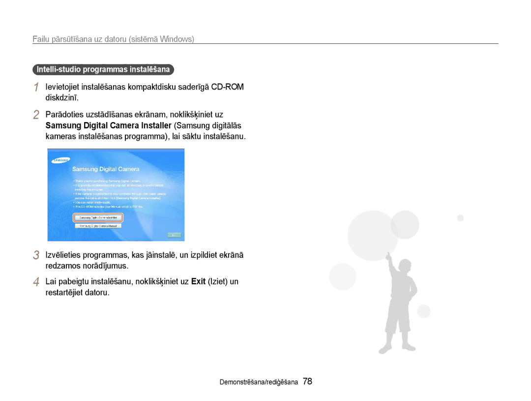 Samsung EC-ST93ZZBPSE2 manual Failu pārsūtīšana uz datoru sistēmā Windows, Redzamos norādījumus, Restartējiet datoru 