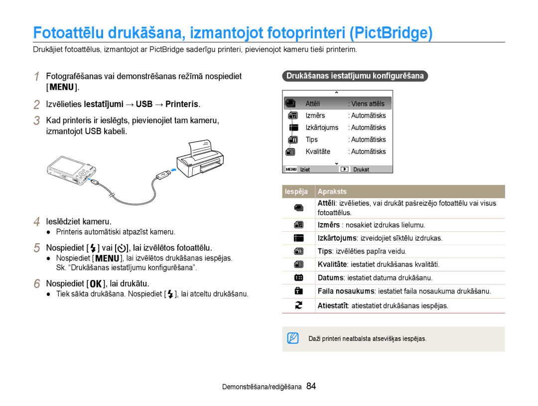 Samsung EC-ST93ZZBPSE2 Fotoattēlu drukāšana, izmantojot fotoprinteri PictBridge, Izvēlieties Iestatījumi → USB → Printeris 