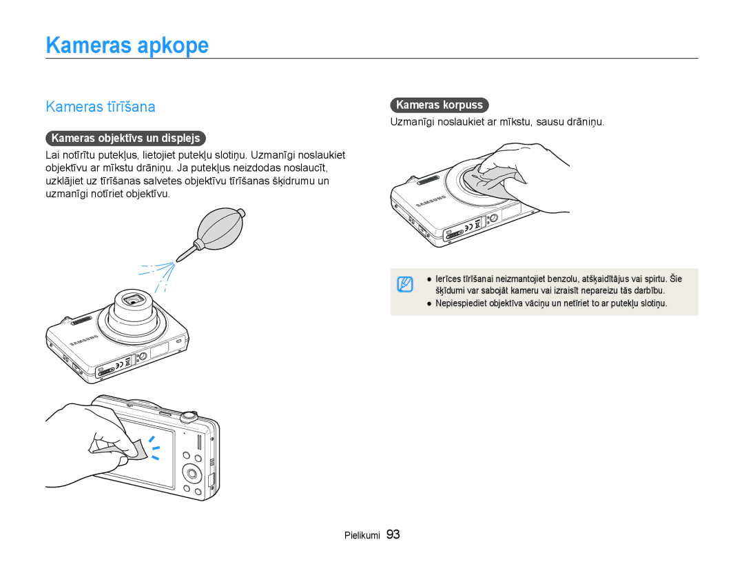 Samsung EC-ST93ZZBPSE2, EC-ST93ZZBPBE2 Kameras apkope, Kameras tīrīšana, Kameras objektīvs un displejs, Kameras korpuss 