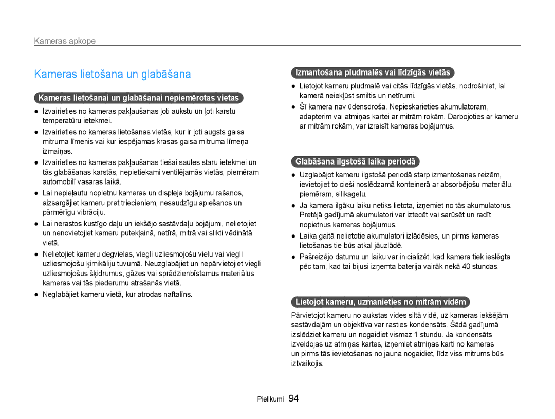 Samsung EC-ST93ZZBPRE2, EC-ST93ZZBPBE2, EC-ST93ZZBPSE2 manual Kameras lietošana un glabāšana, Kameras apkope 