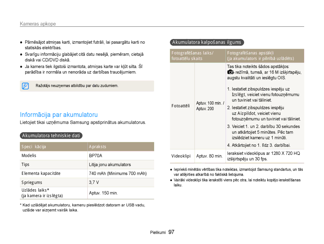 Samsung EC-ST93ZZBPRE2 manual Informācija par akumulatoru, Akumulatora tehniskie dati, Litija jonu akumulators, Aptuv min 