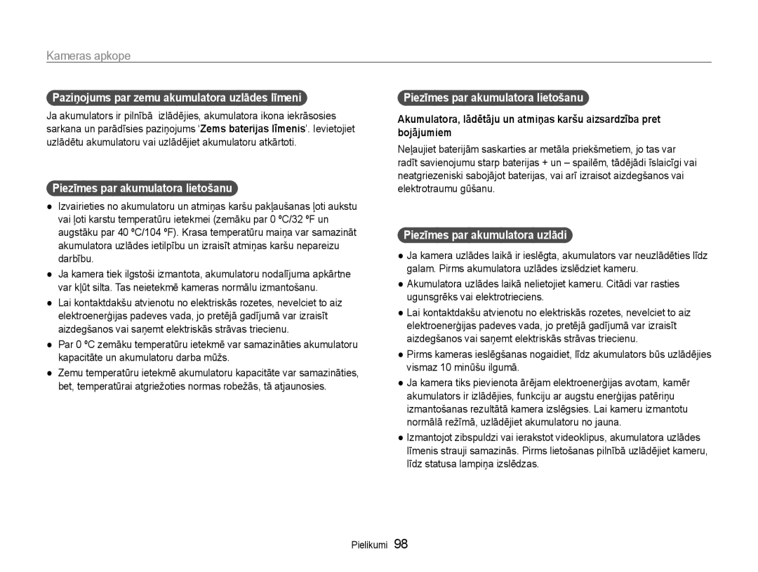 Samsung EC-ST93ZZBPBE2, EC-ST93ZZBPSE2 Paziņojums par zemu akumulatora uzlādes līmeni, Piezīmes par akumulatora lietošanu 