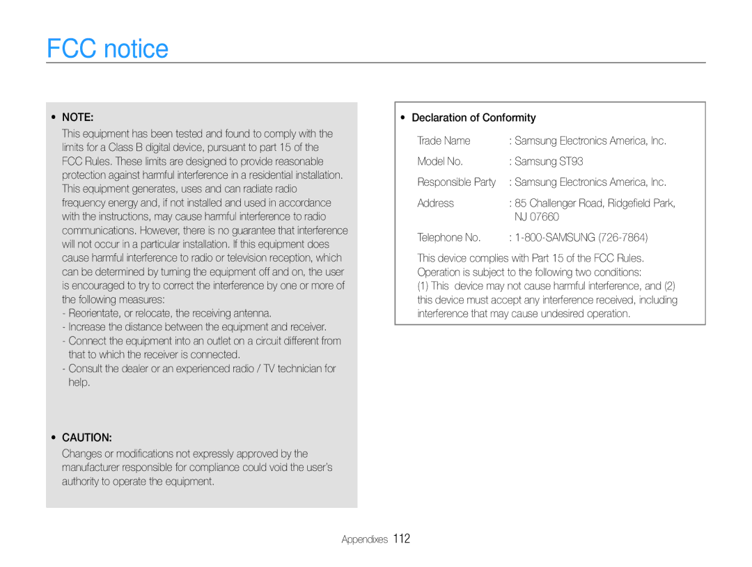 Samsung EC-ST93ZZBPBSA, EC-ST93ZZBPRE1, EC-ST93ZZBPBE1 FCC notice, Model No Samsung ST93, Address, Telephone No Samsung 