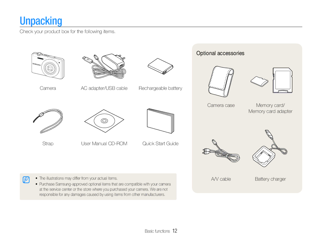 Samsung EC-ST93ZZDPRME, EC-ST93ZZBPRE1, EC-ST93ZZBPBE1, EC-ST93ZZBPPE1, EC-ST93ZZBPSE1 manual Unpacking, Optional accessories 