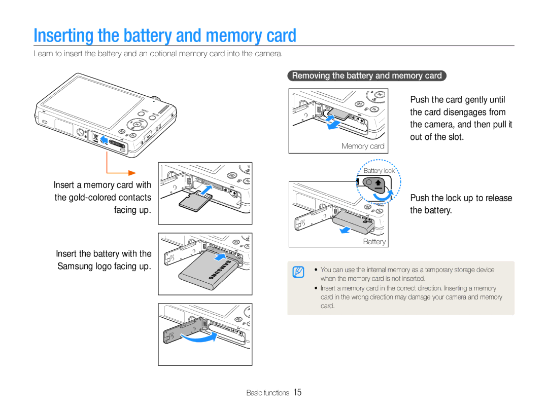 Samsung EC-ST93ZZBPSAE, EC-ST93ZZBPRE1 manual Inserting the battery and memory card, Push the lock up to release the battery 