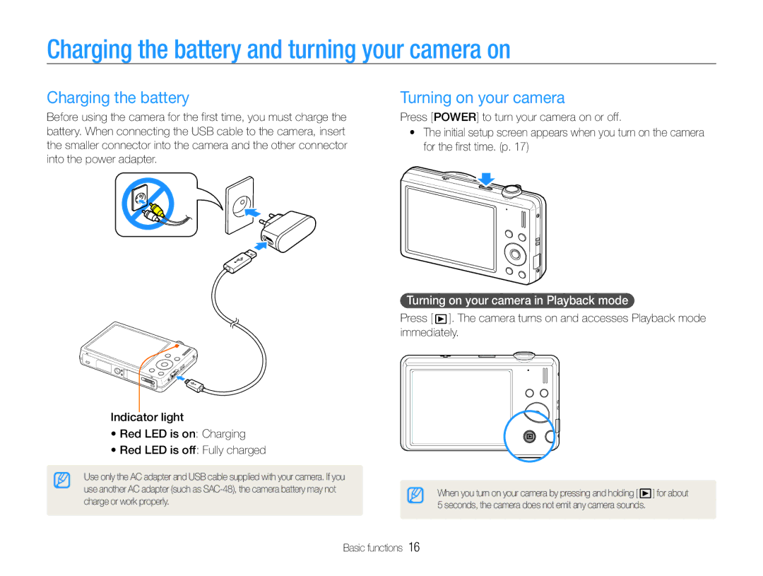 Samsung EC-ST93ZZBPSIL, EC-ST93ZZBPRE1 manual Charging the battery and turning your camera on, Turning on your camera 