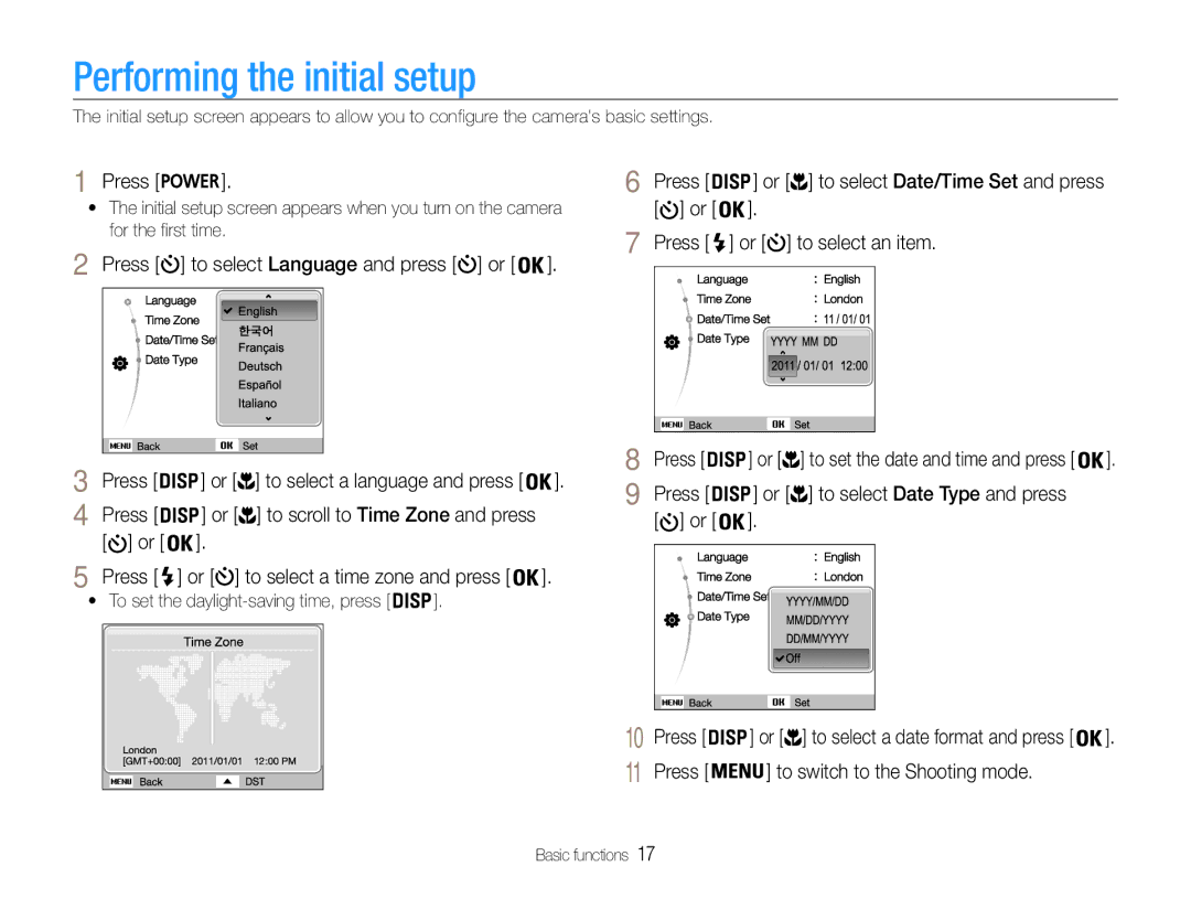 Samsung EC-ST93ZZBDBVN, EC-ST93ZZBPRE1 manual Performing the initial setup, Press to select Language and press or 