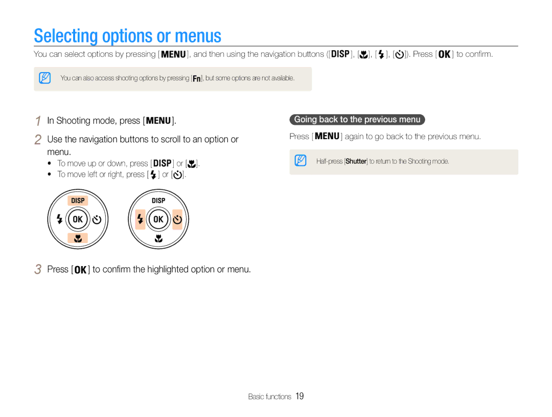 Samsung EC-ST93ZZBDSVN manual Selecting options or menus, Shooting mode, press, Menu, Going back to the previous menu 