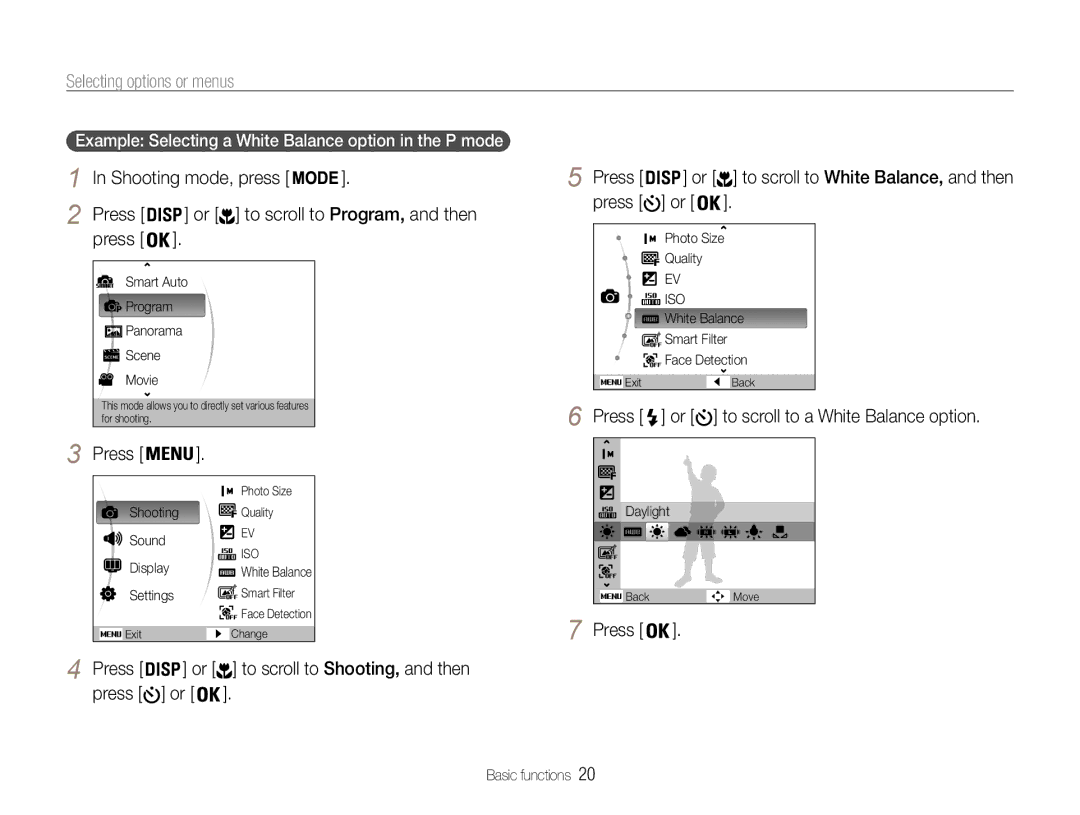 Samsung EC-ST93ZZBPRE3, EC-ST93ZZBPRE1 manual Selecting options or menus, Press or to scroll to a White Balance option 