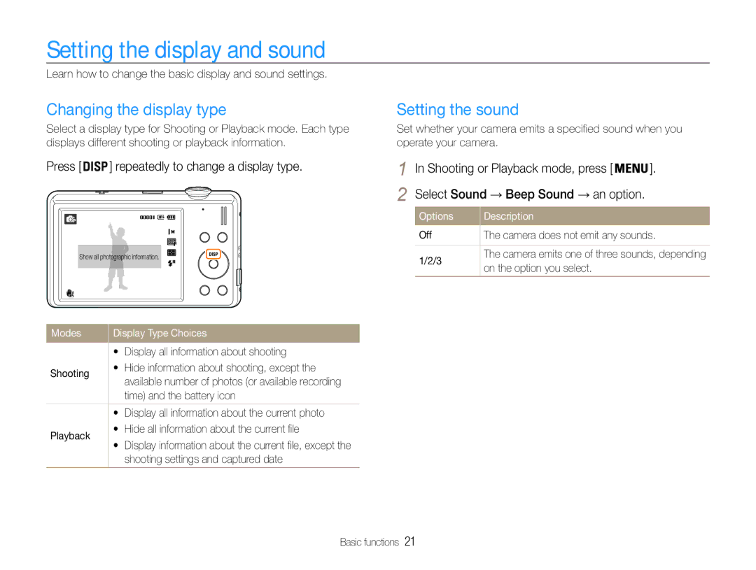 Samsung EC-ST93ZZBPSE3, EC-ST93ZZBPRE1 manual Setting the display and sound, Changing the display type, Setting the sound 