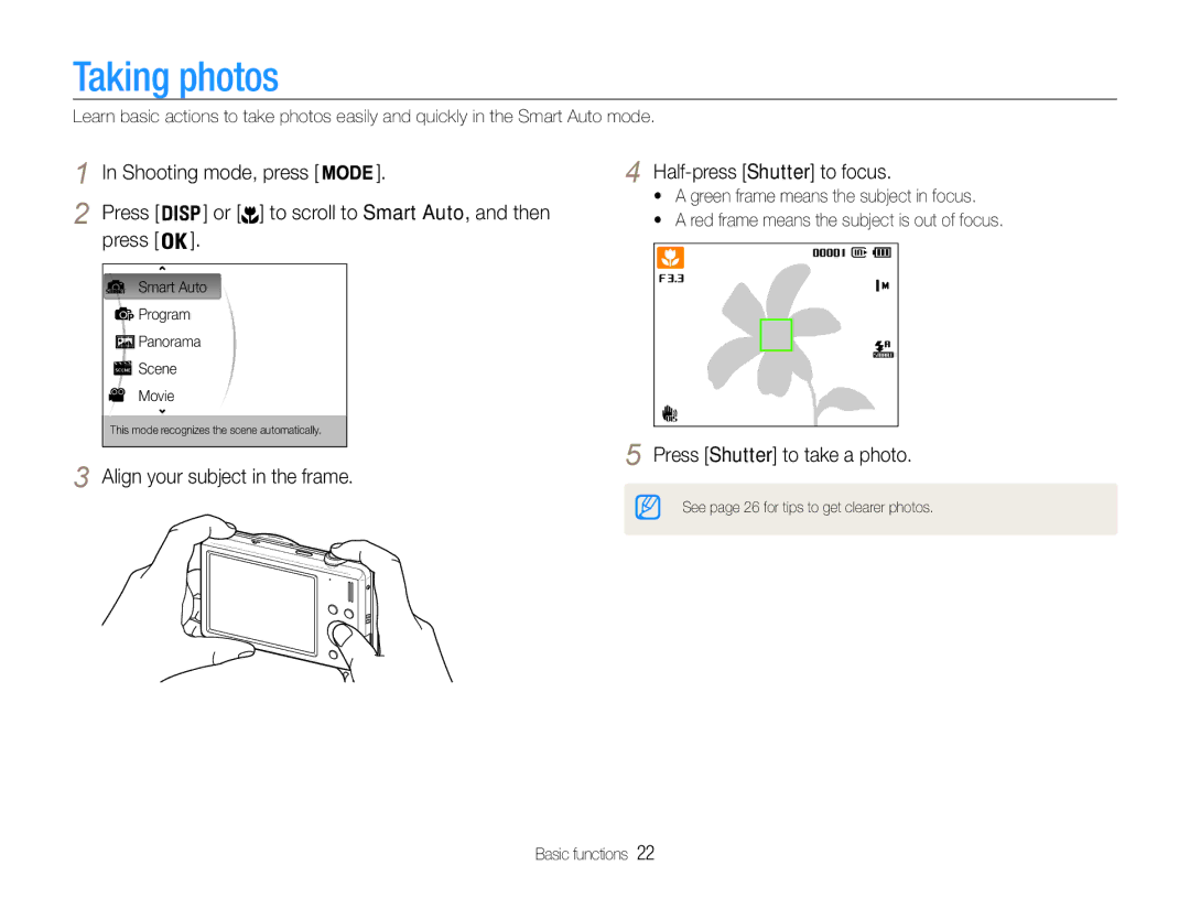 Samsung EC-ST93ZZBPBE3, EC-ST93ZZBPRE1 manual Taking photos, Align your subject in the frame Half-press Shutter to focus 