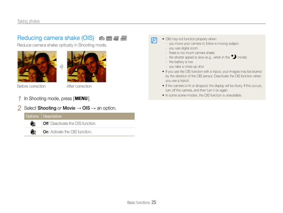 Samsung EC-ST93ZZBPSE2 manual Reducing camera shake OIS, Reduce camera shake optically in Shooting mode, Before correction 