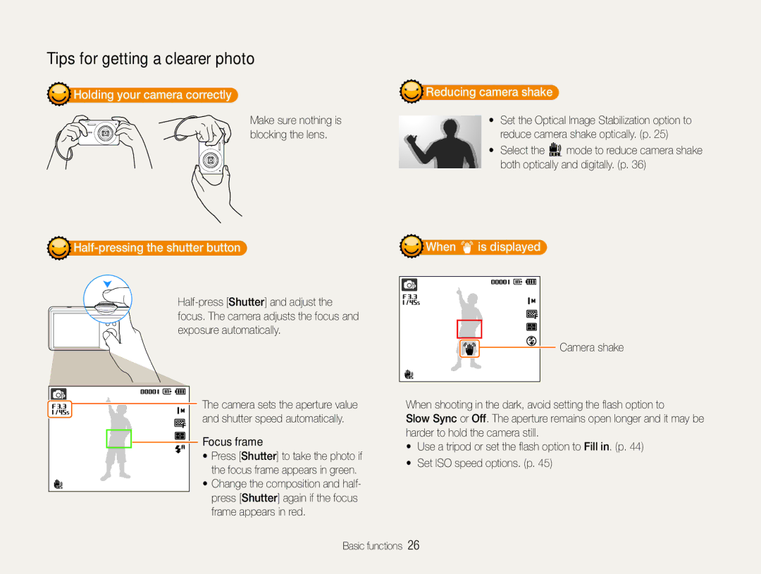 Samsung EC-ST93ZZBPRE2 manual Holding your camera correctly Reducing camera shake, Half-pressing the shutter button When 