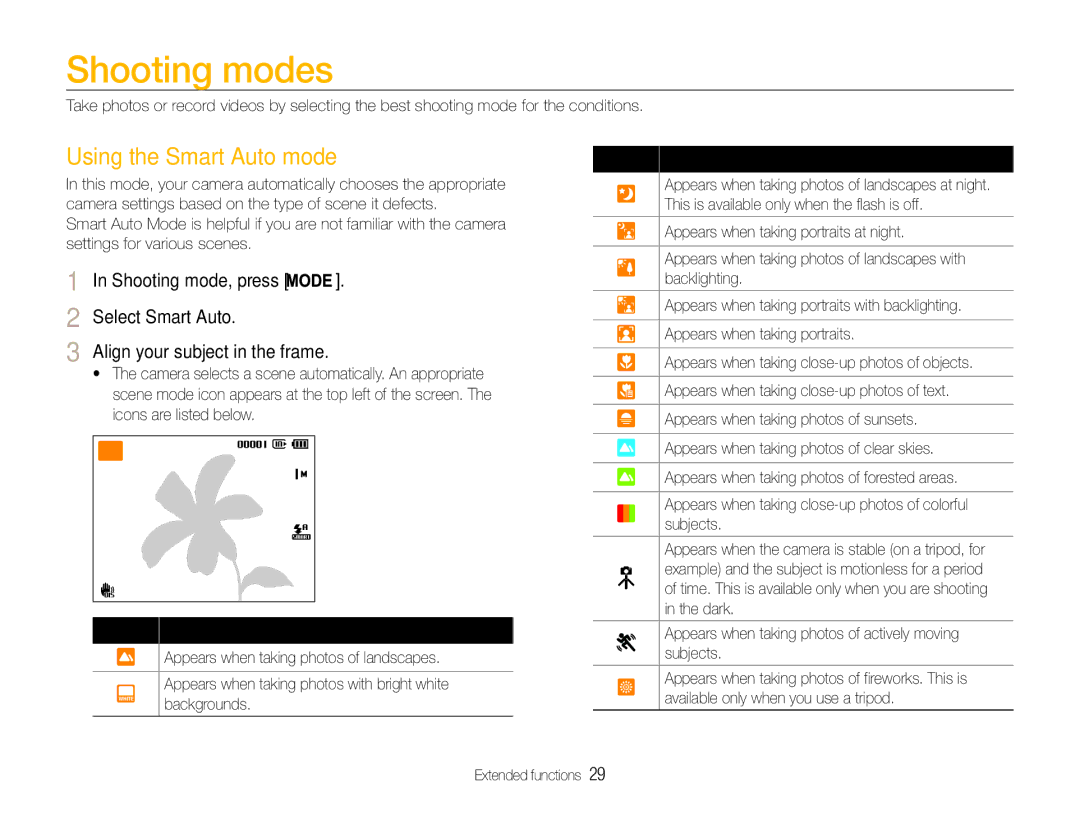 Samsung EC-ST93ZZBPRRU, EC-ST93ZZBPRE1 Shooting modes, Using the Smart Auto mode, Shooting mode, press Select Smart Auto 