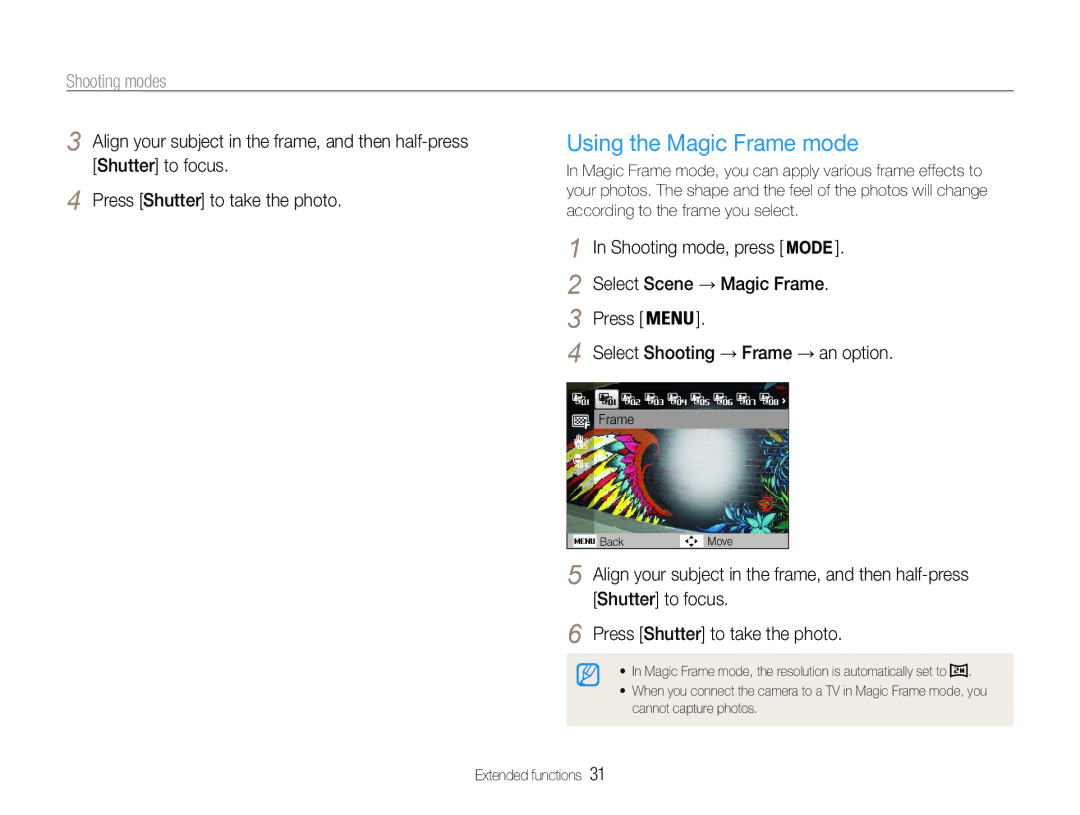 Samsung EC-ST93ZZBPSRU manual Using the Magic Frame mode, Select Scene → Magic Frame, Select Shooting → Frame → an option 