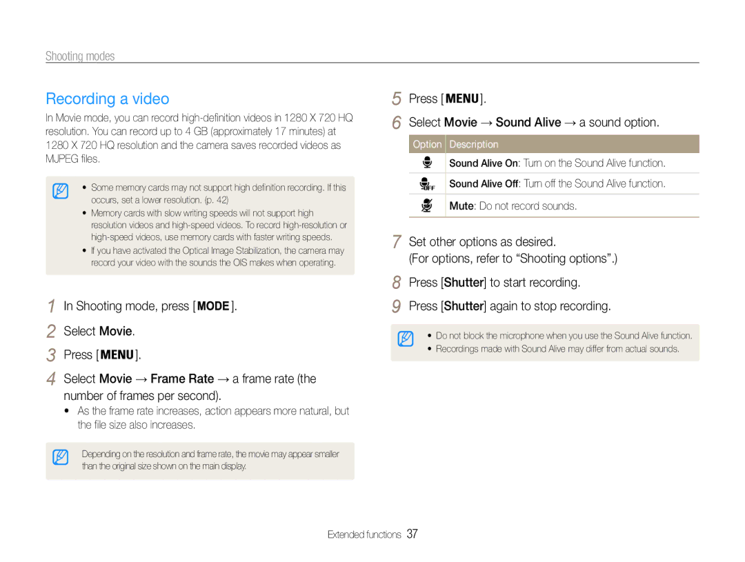 Samsung EC-ST93ZZDPPIR manual Recording a video, Number of frames per second, Select Movie → Sound Alive → a sound option 