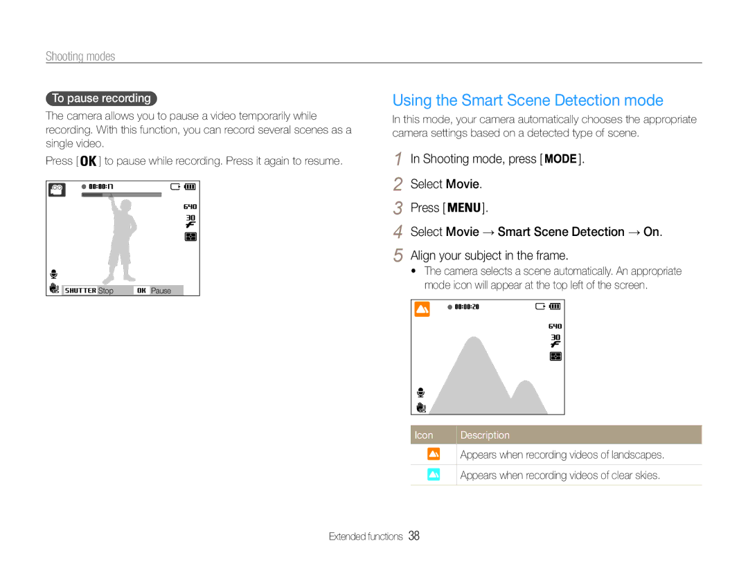 Samsung EC-ST93ZZDPUIR, EC-ST93ZZBPRE1, EC-ST93ZZBPBE1 manual Using the Smart Scene Detection mode, To pause recording 