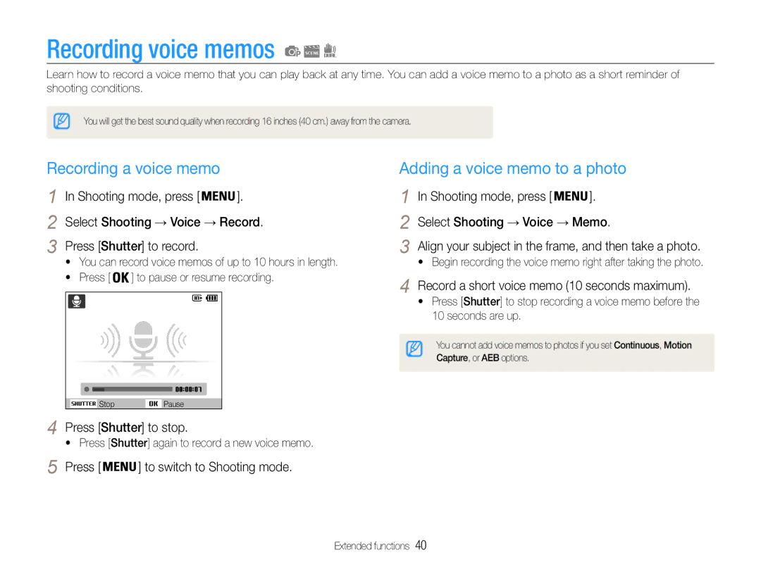 Samsung EC-ST93ZZBPBIL, EC-ST93ZZBPRE1 manual Recording voice memos, Recording a voice memo, Adding a voice memo to a photo 