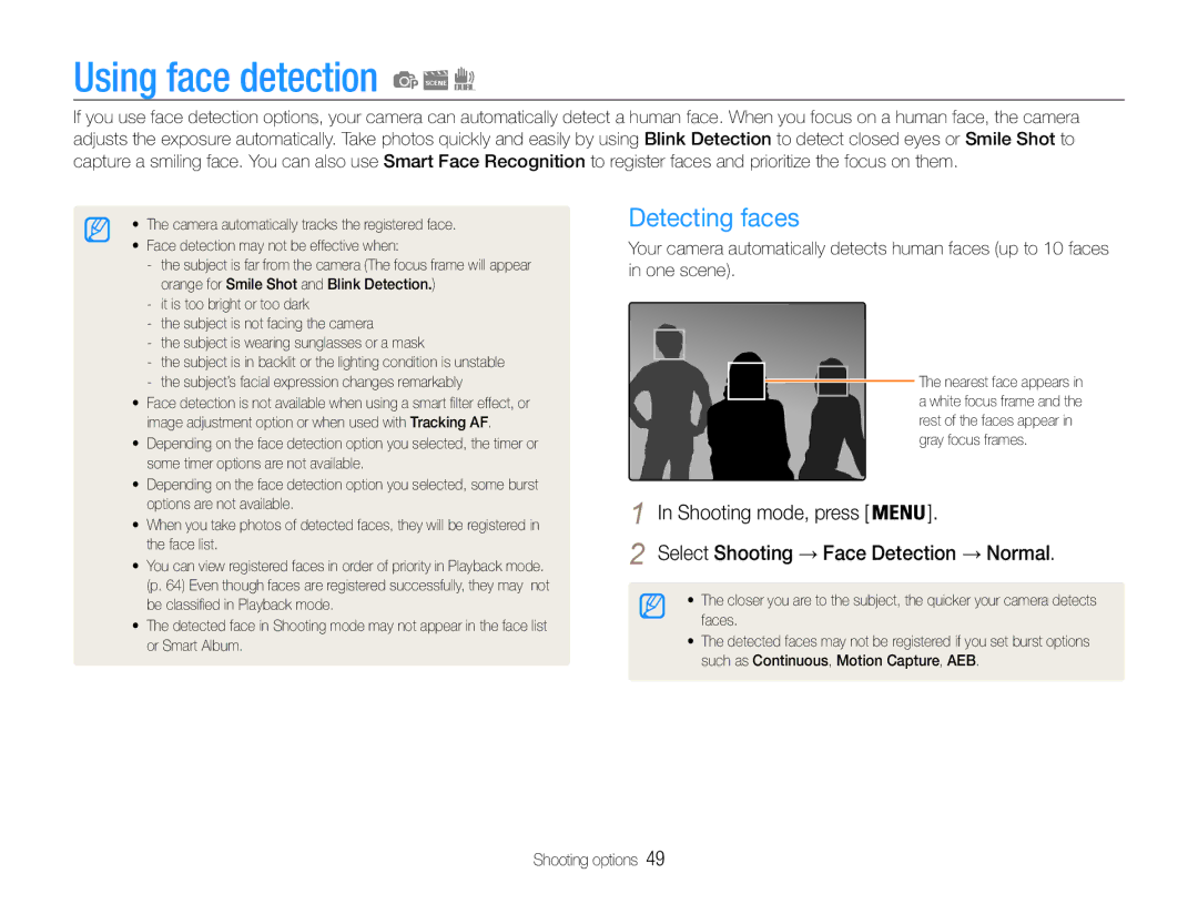 Samsung EC-ST93ZZBPSAE, EC-ST93ZZBPRE1 Using face detection, Detecting faces, Select Shooting → Face Detection → Normal 