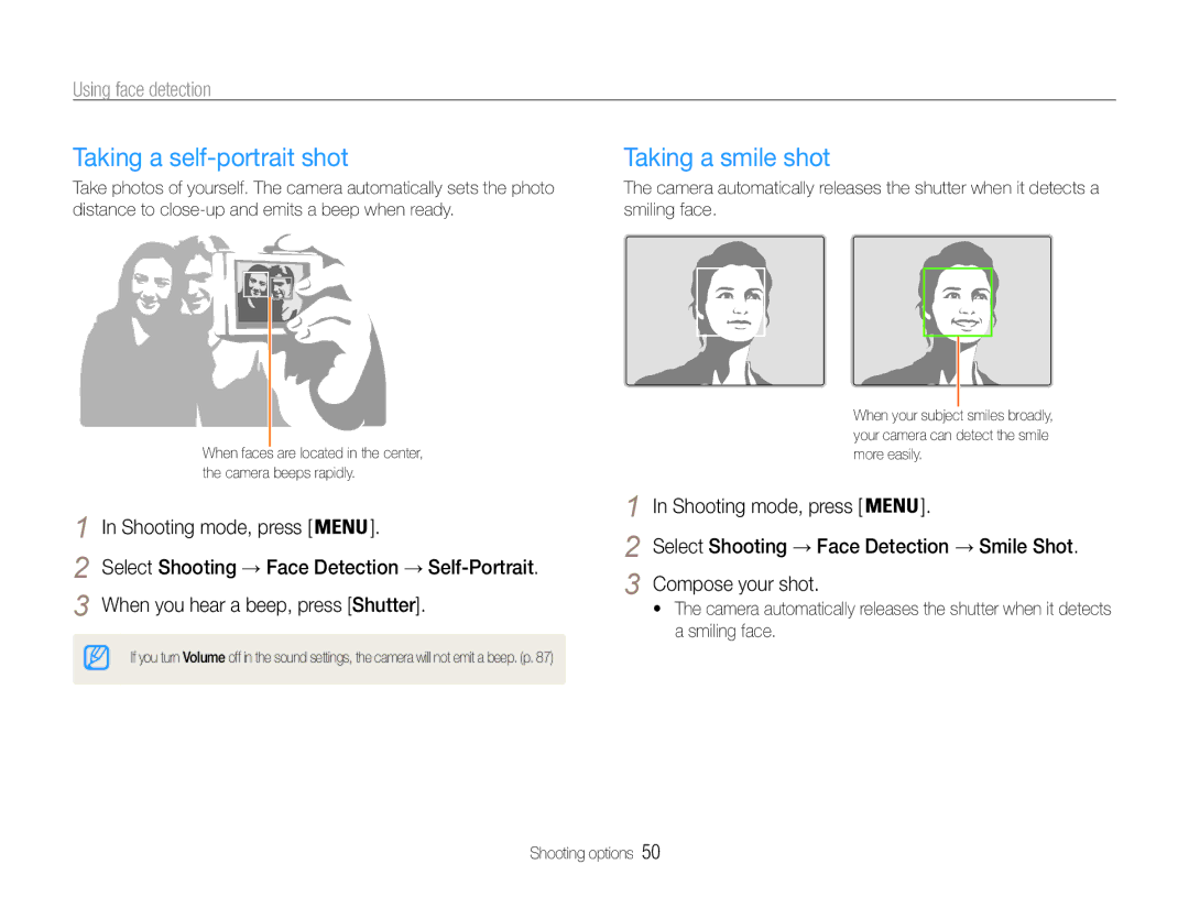 Samsung EC-ST93ZZBPSIL manual Taking a self-portrait shot, Taking a smile shot, Using face detection, Compose your shot 