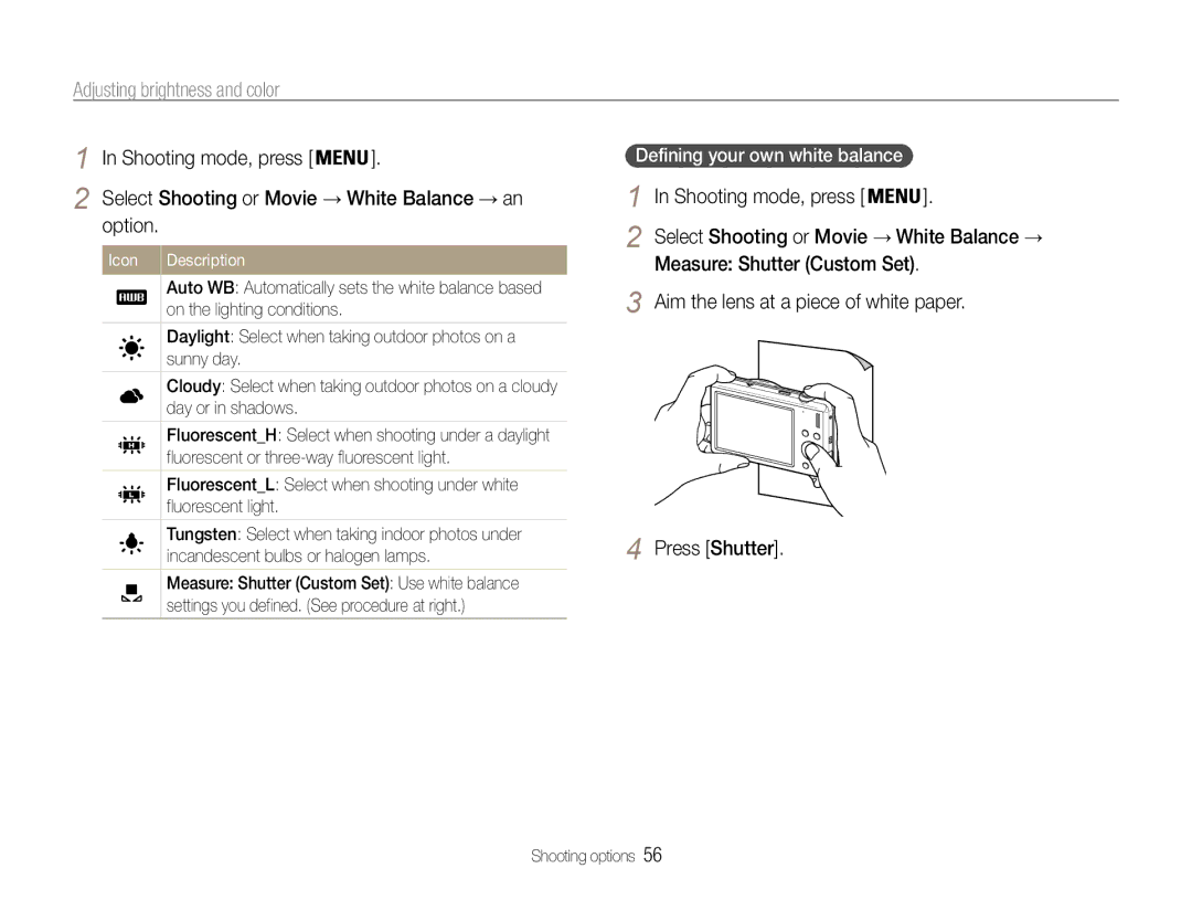 Samsung EC-ST93ZZBPBE3 Option, Aim the lens at a piece of white paper, Press Shutter, Defining your own white balance 