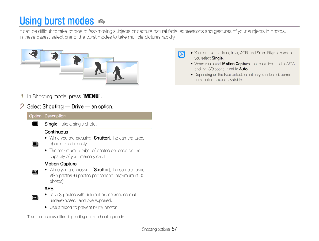 Samsung EC-ST94ZZBPBE2, EC-ST93ZZBPRE1, EC-ST93ZZBPBE1 manual Using burst modes, Select Shooting → Drive → an option 